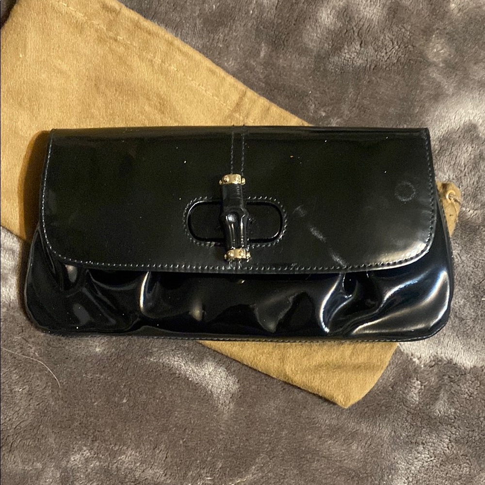Gucci Black Patent Leather Clutch with Silver Clasp